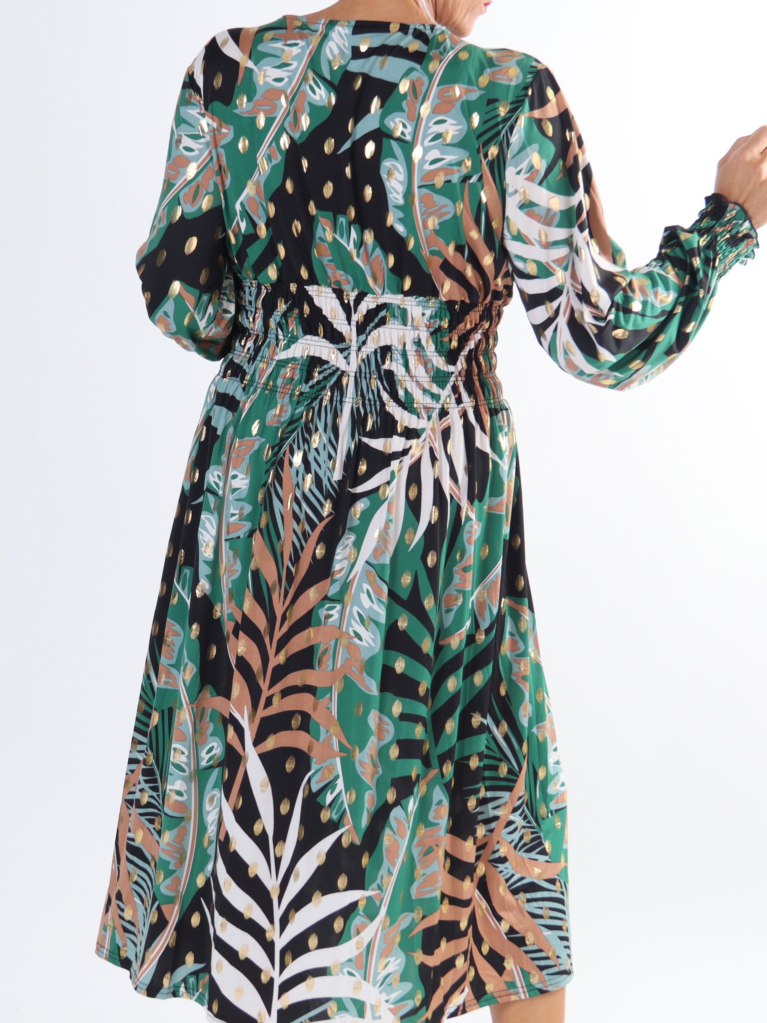 Pams Forest Midi L/S - Plus size elastisk klänning i skrynkelfritt tyg med långa ärmar